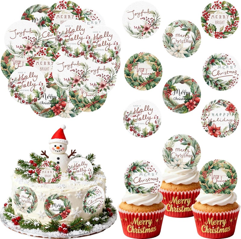 Fyeoxle 36PCS Edible Merry Christmas Cupcake Toppers Wafer Paper Holly Jolly Cupcake Toppers Holly Leaves Berry Cake Picks for Christmas Theme Party Baby Shower Birthday Supplies - Image 1